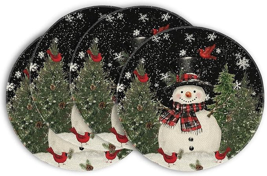 Artoid Mode Snowman Trees Snowflakes Christmas Round Placemats Set of 4, 14 Inch Black Winter Round Table Mats for Dining Decoration