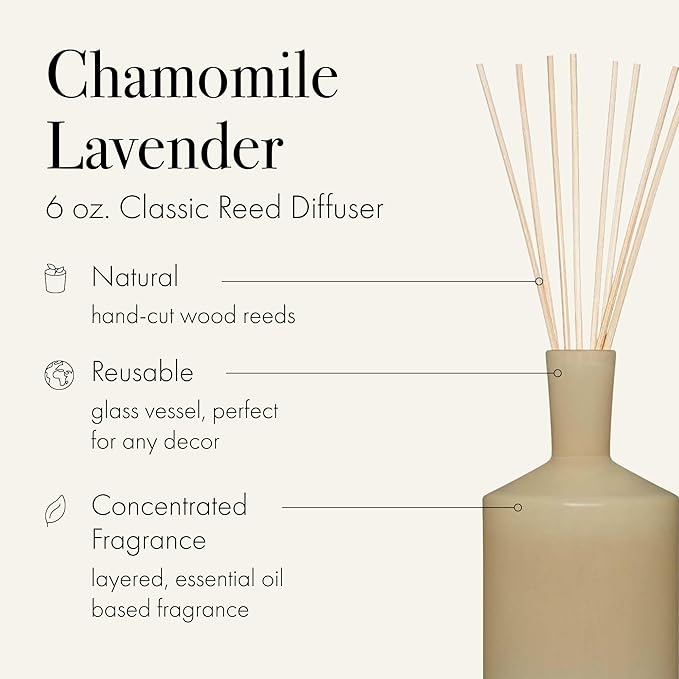 LAFCO New York Classic Reed Diffuser, Chamomile Lavender - 6 oz - Up to 3 Months Fragrance Life - Reusable, Hand Blown Glass Vessel - Natural Wood Reeds - Made in the USA