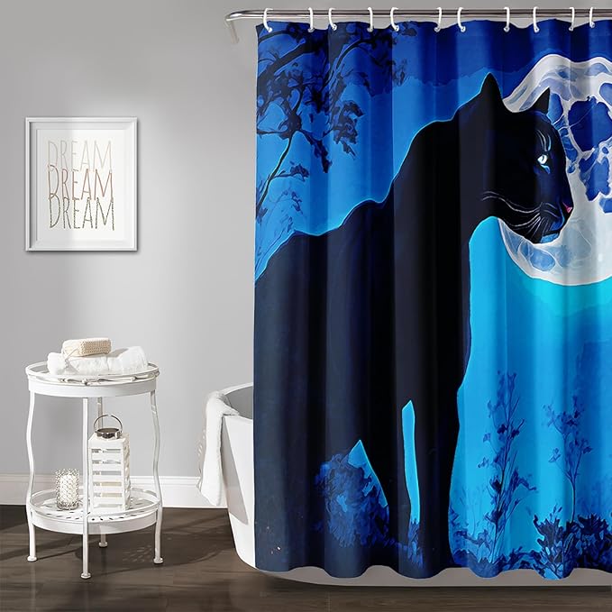 AILONEN Black Panther Shower Curtain,Evening Moon Leopard Bath Curtain for Women,Wildlife Cheetah Polyester Waterproof for Bathroom,60" W*72" H with 12 Plastic Hooks