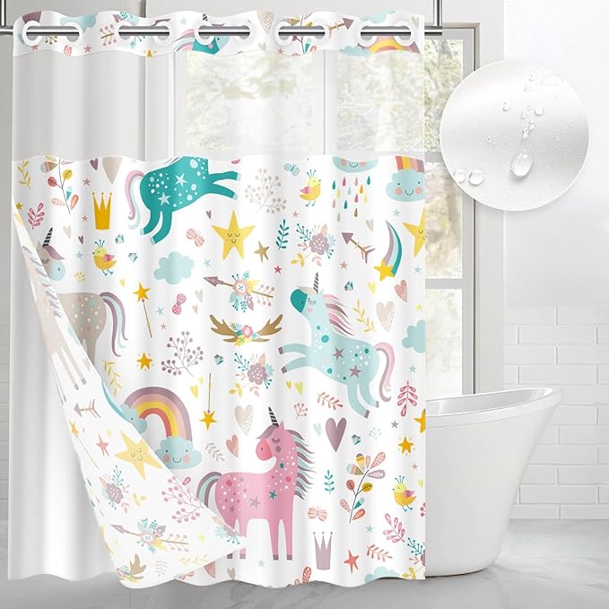 Unicorns Rainbow Cute No Hook Shower Curtain with Snap in Liner, Cloud Fun Girl Kids Colorful Bath Curtain with Double Layers Waterproof Fabric and Mesh Top Window 71x74 Inch