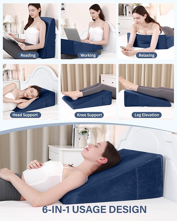 Wedge Pillow for Sleeping, 12 Inch Bed Wedge Pillow for After Surgery, Acid Reflux, Memory Foam Top Triangle Pillow Wedge for Head, Back, Leg with Machine Washable Cover-Blue
