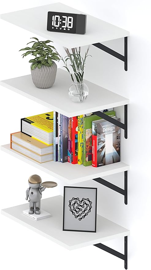 Deep Floating Shelves 10" D x 16.5" W Set of 4, Rustic Wood Wall Bookshelves for Living Room, Kitchen, Laundry Room, Bathroom, Bedroom, Books, Plants, and More (Painted White)