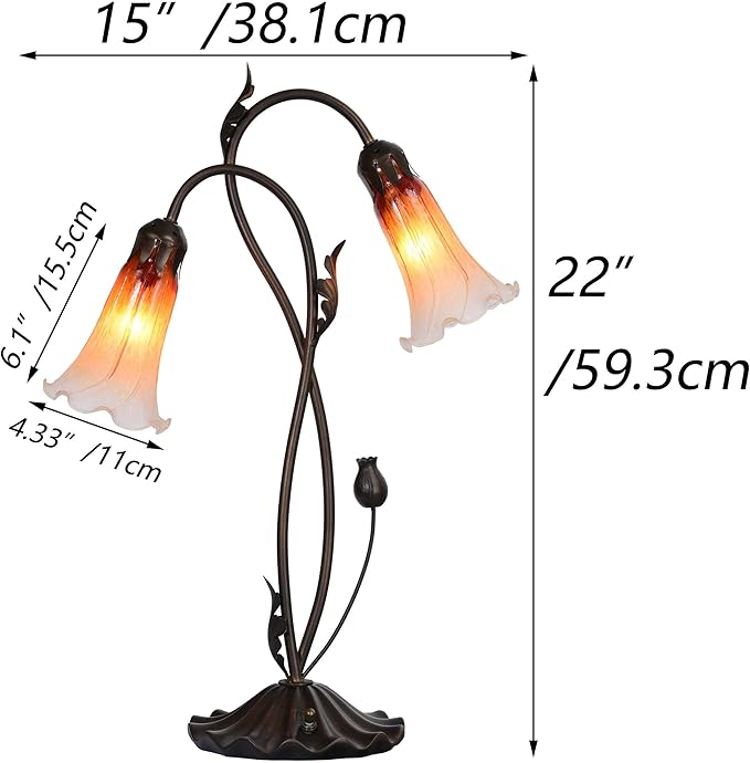 Bieye L10850 Lily Flower Blown Glass Accent Table Lamp for Living Room Bedroom Decoration (2-Light, Purple)