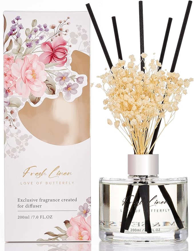 M&SENSE Fresh Linen Reed Diffuser Set with 7 Sticks | Baby's Breath Flower - 7.0oz Floral & Fruity Scent, Home Fragrance Flame Free Diffuser for Housewarming Gift, Long Lasting Room Fresheners