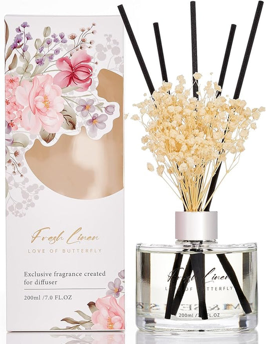 M&SENSE Fresh Linen Reed Diffuser Set with 7 Sticks | Baby's Breath Flower - 7.0oz Floral & Fruity Scent, Home Fragrance Flame Free Diffuser for Housewarming Gift, Long Lasting Room Fresheners