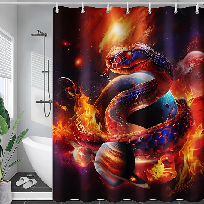 AILONEN 3D Snake Shower Curtain for Boys,Flame Fire Planet Snake Bath Curtain for Bathroom Decor,Safari Animal Polyester Waterproof for Shower, 72" W*78" H with 12 Plastic Hooks