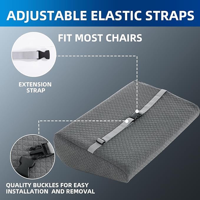 MABOZOO Memory Foam Back Support Cushion for Recliner Chair,Lumbar Support Pillow for Elderly,Extra Large Lumbar Support Pillow with Extension Straps,Grey