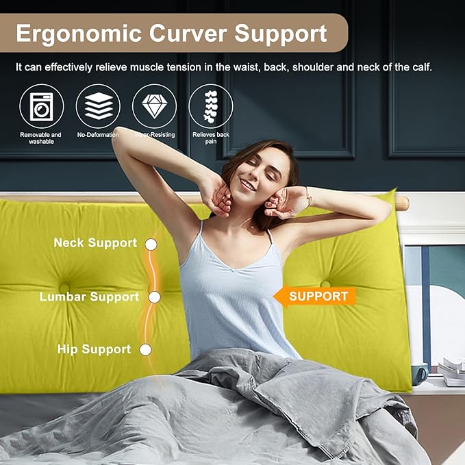 Large Triangular Headboard Pillows Long Backrest Positioning Support Bolster Cushion for Daybed Fluffy Quality Plush Body Wedge Pillow with Removable Cover(Yellow Green-24x8x20in)