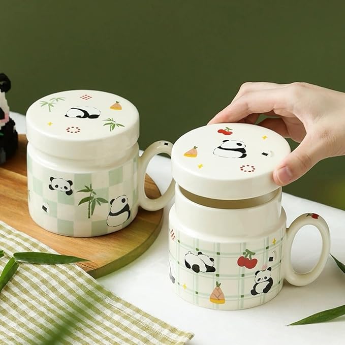 Ceramic Coffee Mug with Lid and Handle 380ml/12.85oz, Cute Cartoon Panda Design, Exquisite and Novelty Gift (Panda with Cherry)