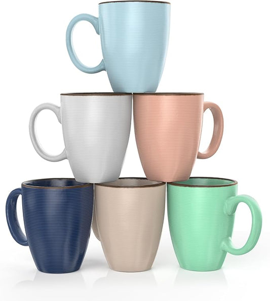 Set of 6 12oz Designer Ribbed Style Colorful Ceramic Coffee Mugs, Coffee Cups Gift Set for Coffee, Tea, Cocoa and More. Dishwasher and Microwave Safe.