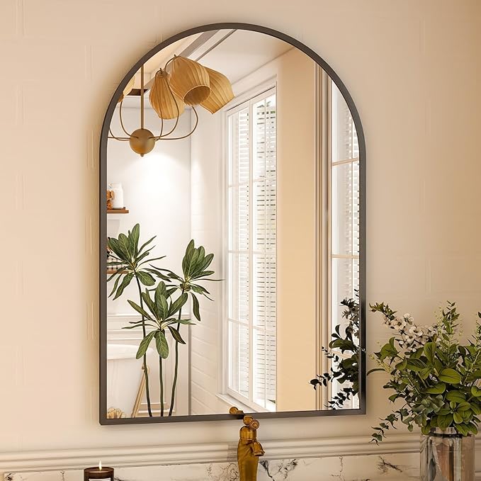 Arched Wall Mirror, 32 x 48 inch Arch Bathroom Mirror, Wall Mounted Vanity Mirror with Arch Metal Frame, Modern Bathroom Vanity Mirror for Bedroom, Living Room, Hanging or Leaning, Black
