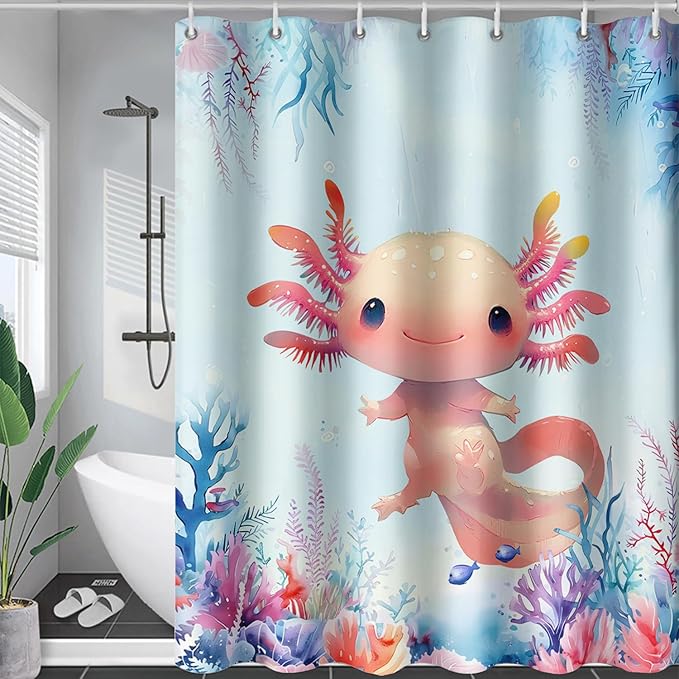 AILONEN Axolotl Shower Curtain for Bathroom,Watercolor Axolotl Coral Bath Curtain for Kids Girls,Ocean Animal Salamander Blue Shower Curtain Decoration Waterproof with 12 Plastic Hooks, 36" W*72" H
