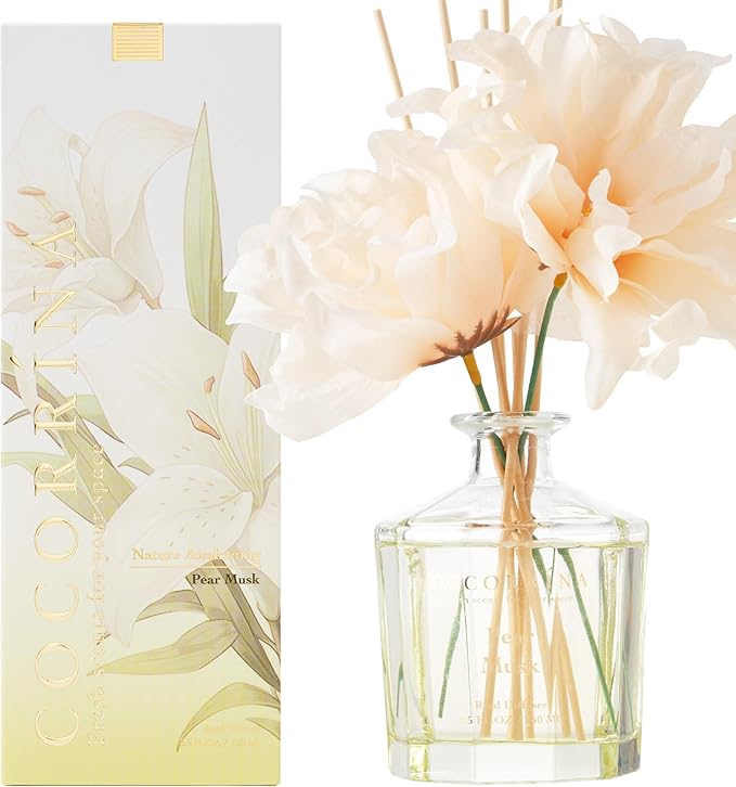 COCORRÍNA Reed Diffuser - Pear Musk 8.5oz Flower Reed Diffuser Set with 8 Sticks, Home Fragrance Reed Diffuser for Home Bedroom Office Bathroom Shelf Decor (Master Collection)