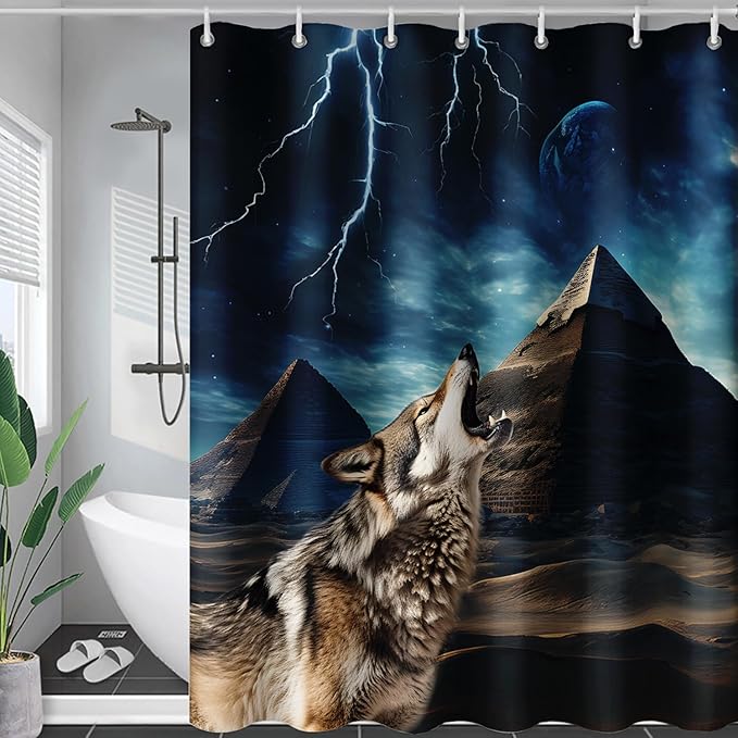 AILONEN Howling Wolf Shower Curtain,Retro Pyramid Evening Wolf Bath Curtain,Safari Wolf Curtain for Bathroom Decor,Polyester Waterproof with 12 Plastic Hooks 72" W*72" H