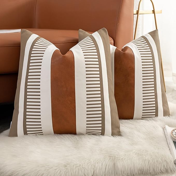 Set of 2 Farmhouse Striped Pillow Cover 22x22 for Living Room Bedroom Square Decorative Pillow Case for Sofa Couch Bed,Modern Faux Leather Accent Cushion Cover Boho Home Decor