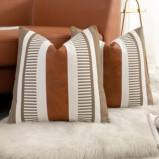 Set of 2 Farmhouse Striped Pillow Cover 22x22 for Living Room Bedroom Square Decorative Pillow Case for Sofa Couch Bed,Modern Faux Leather Accent Cushion Cover Boho Home Decor