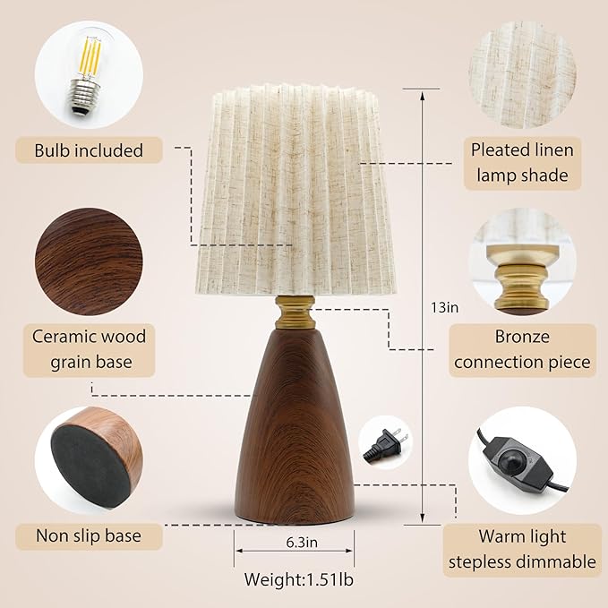 Small Pleated Table Lamp for Bedroom, Bedside Lamps for Nightstand, Dimmable Desk Lamp Ceramic Wood Grain Base Round Flaxen Fabric Shade for Living Room, Kids Room,LED Bulb Included(Art Deco)