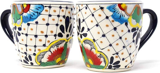 Encantada Handmade Hand-Painted Authentic Mexican Pottery Mugs (Dots & Flowers X2)