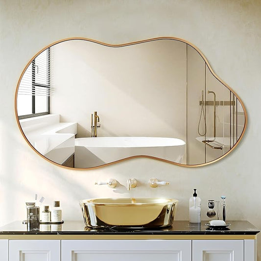 Irregular Wall Mirror - Wall Mirrors Decorative 24"x36" Gold Asymmetrical Mirror Tempered Glass Aviation Aluminum Alloy Frame for Bathroom, Bedroom, Living Room, Cloakroom, Entryway