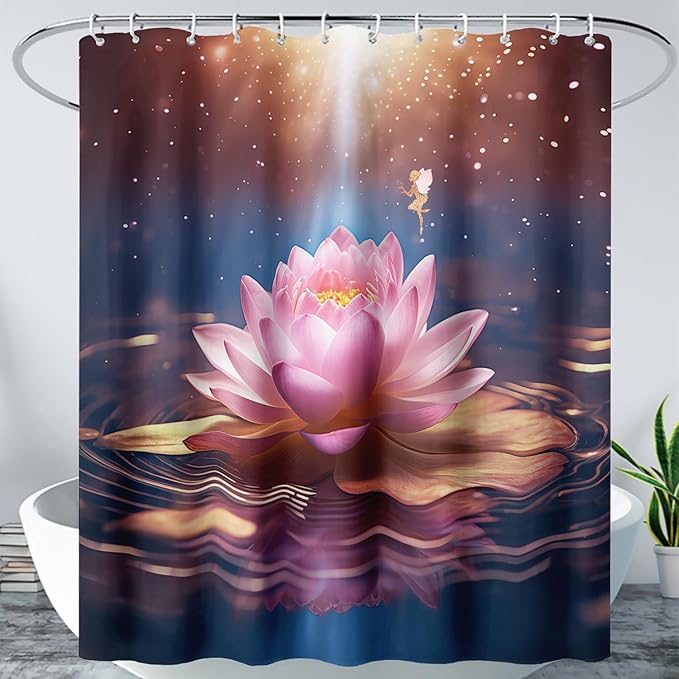 AILONEN Pink Flower Shower Curtain,Galaxy Floral Lotus Flower Bath Curtain,Polyester Waterproof for Bathroom with 12 Plastic Hooks 72" W*78" H