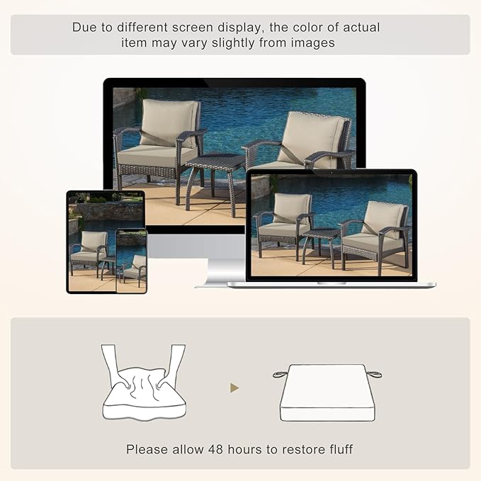 Favoyard Patio Chair Cushions 22 x 22 x 3 Inch Waterproof Outdoor Seat Cushions for Patio Furniture 3-Year Color Fastness Garden Sofa Couch Chair Pads with Handle & Adjustable Straps Set of 2, Beige