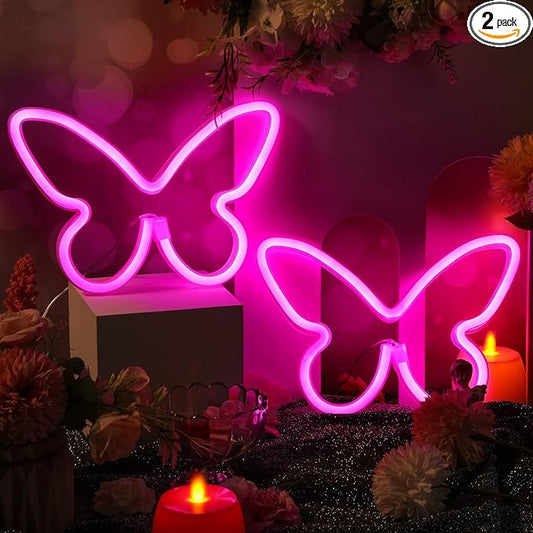 Riakrum 2 Pcs Butterfly Neon Signs LED Light 3AA Battery Powered USB Operated Wall Neon Light Decor Butterfly Wall Art for Christmas Home Bedroom Birthday Party Decor(Pink)