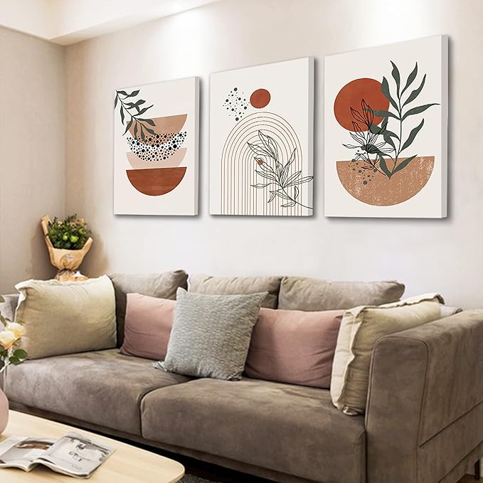 Boho Wall Art Prints，Boho Wall Decor, Mid Century Modern Wall Art，Set of 3 Prints, Abstract Geometric Prints Black Beige Terracotta Minimalist Art, Natural Framed Canvas Prints Artwork For Living Room