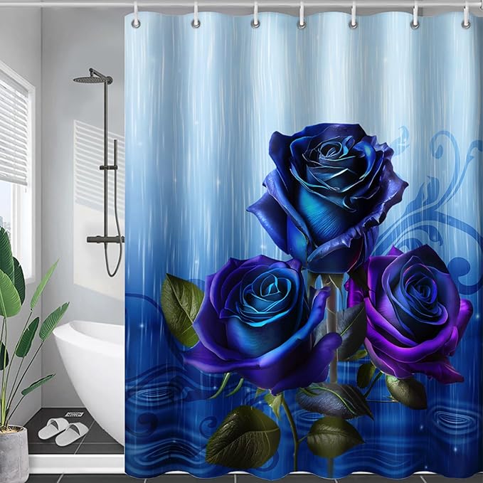 AILONEN Blue Rose Shower Curtain for Girls,Raining Rose Shower Curtain for Bathroom Decor,Women Kids Polyester Waterproof 3D Printed Bath Curtain with 12 Hooks,72" W*96" H