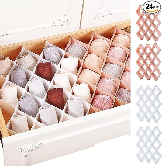 ROUFA Sock Drawer Organizer for Dresser, Honeycomb Underwear Dividers for Women, Panty Separator for Belts, Ties, Small Clothing(12pcs of Pink + 12pcs of White)