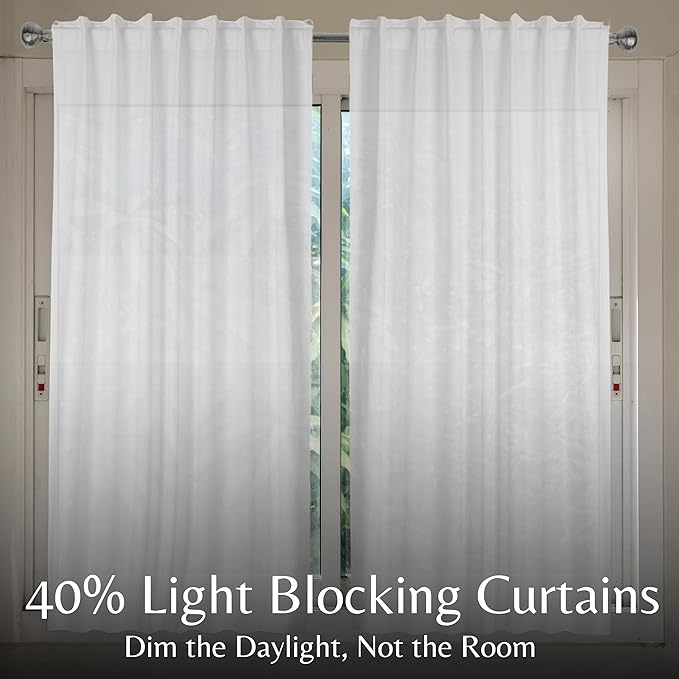 Ramanta Home 100% Cotton Light Filtering Curtains 50x72 Inch - Set of 2, White Curtain for Living Room, Bedroom, Farmhouse Cotton Textured Slub Fabric Semi Sheer Back Tab Window Linen Panels - White