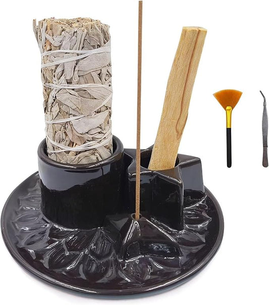 Sage and Palo Santo Holder,4 in 1 Incense Burner Holder for Sticks,Ceramic Sage Holder for Burning,Candle Holder,Ash Catcher Tray for Meditation Yoga,Black