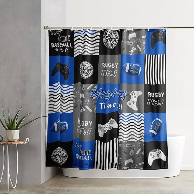 AILONEN Gamepad Shower Curtain,Navy Blue Ball Sports Bathroom Shower Curtain Sets for Boys Kids Teens, 72" W*78" H Gaming Gamer Theme Shower Curtain for Bathroom