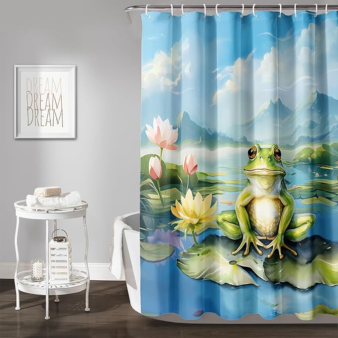 AILONEN Cartoon Frog Shower Curtain Set for Bathroom,Kawaii Green Frog Bath Curtain,Amphibian Animal Shower Curtain,Lotus Flower Waterproof Fabric Shower Curtain with Hooks,72" W*96" H