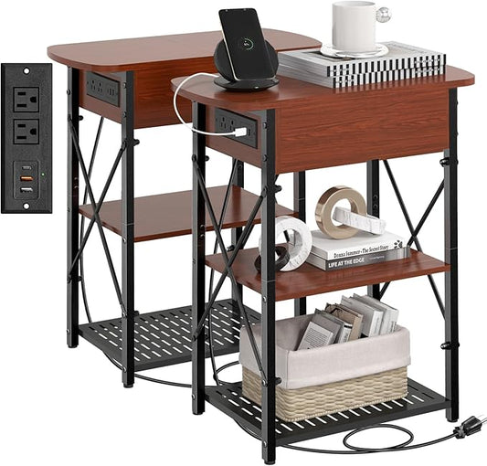 Narrow Side Table with Charging Station, End Tables Set of 2 for Small Spaces, Flip Top End Table with Storage, Side Tables Set 2 Living Room, Nightstand with Drawer for Bedroom, Cherry
