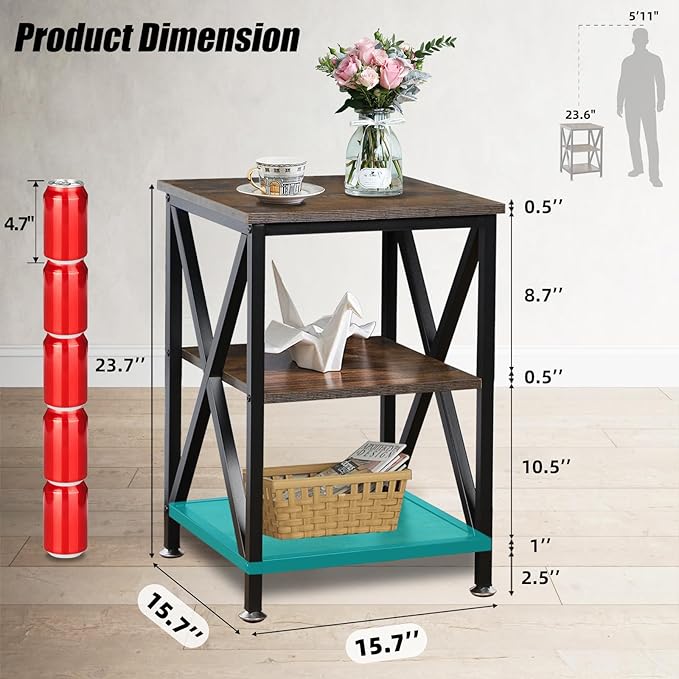 End Tables Living Room Set of 2, 16" D x 16" W x 24" H, Indoor End Tables Living Room with Storage Shelf, Square End Table Set of 2, X-Shaped Night Stands for Bedroom, Farmhouse Wood Side Tables