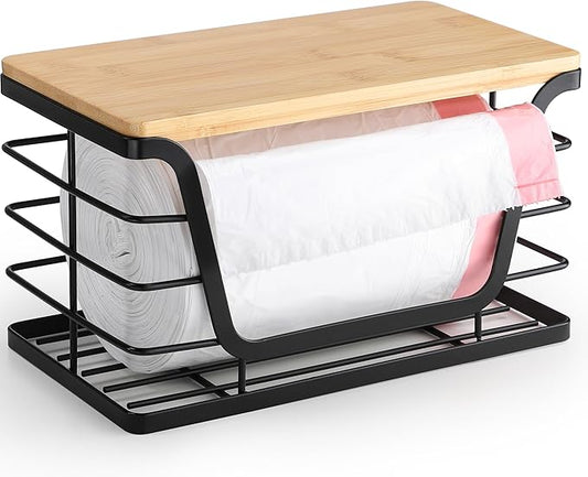 Small Grocery Bag Holder, Stainless Steel Trash Bag Holder with Bamboo Top, Size for a 100 Count Roll of 13 Gallon Garbage Bags, Black