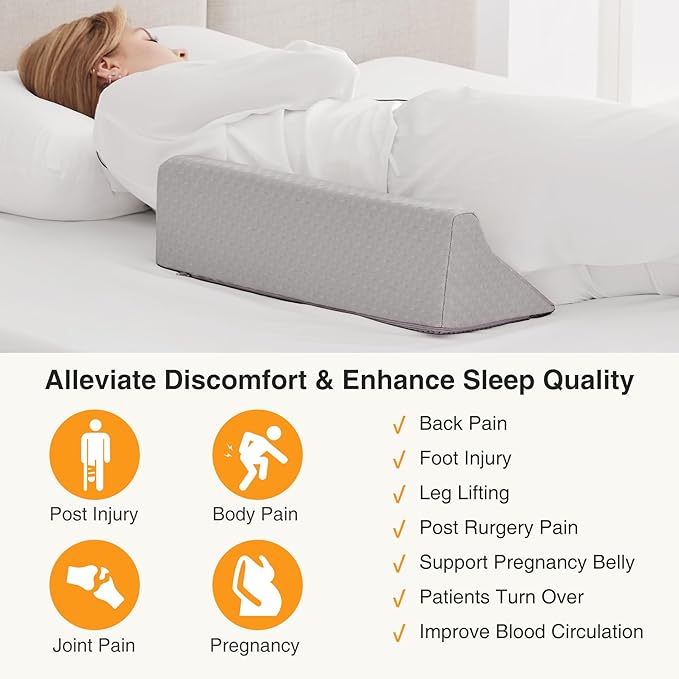 Side Wedge Pillow for Sleeping, Versatile Bed Wedge Back Pillow for Pregnancy, Back Pain, Leg Elevation and Side Sleepers, Memory Foam Body Positioner with Cover, Anti-Slip Base, Grey