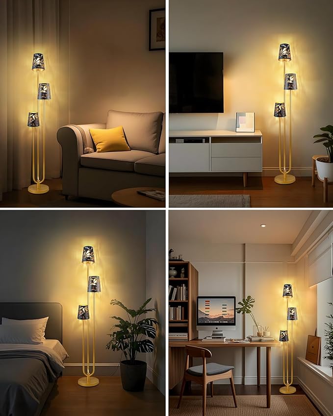 63IN Floor Lamp with Metal Shade, Unique Gold Tall Standing Lamps with 3 Poles, 3000K Warmwhite Mid Century Modern Floor Lamp for Living Room Home Office(Bulbs Included)