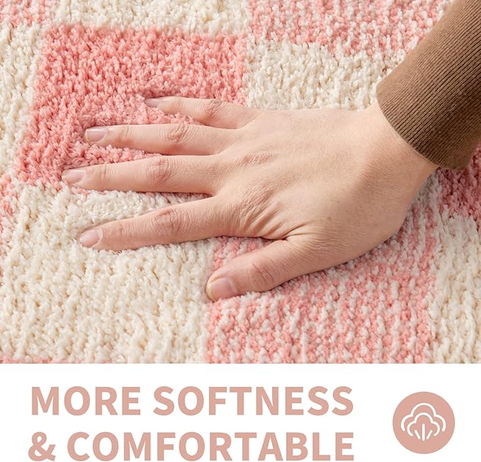 CozeCube Pink Checkered Bath mats Non Slip, Fluffy Absorbent Microfiber Runner Bath mat Washable, Aesthetic Bathroom Rugs, Long Bath mat for Bathroom Floor, 47"X24"