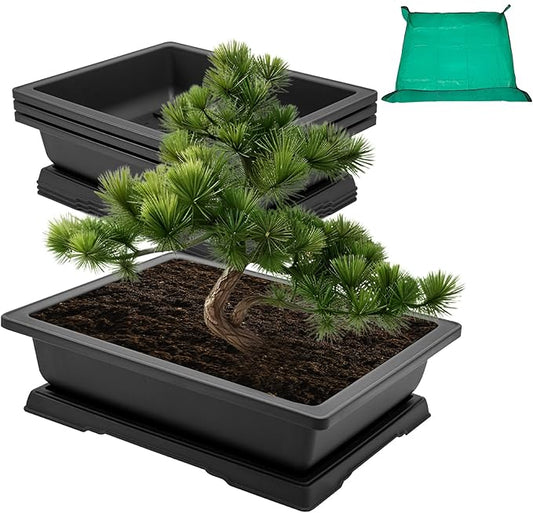 GROWNEER 3Pcs 18 Inch Bonsai Training Pots Large Bonsai Tree Starter Pot Kits with Drainage Humidity Trays & Repotting Mat, Flower Growing Planter Set for Garden Indoor Outdoor