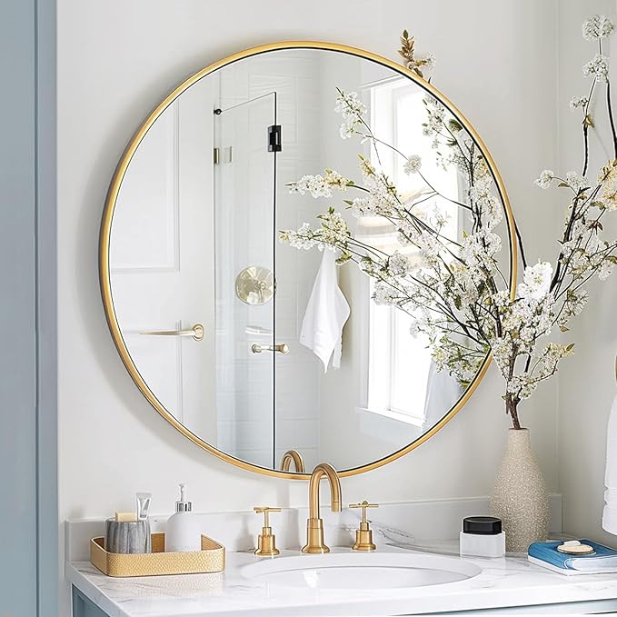 Gold Round Mirror, 24 inch Circle Mirror, Gold Metal Frame Bathroom Mirrors, Round Wall Mounted Mirrors for Bathroom, Hallway, Living Room, Bedroom.