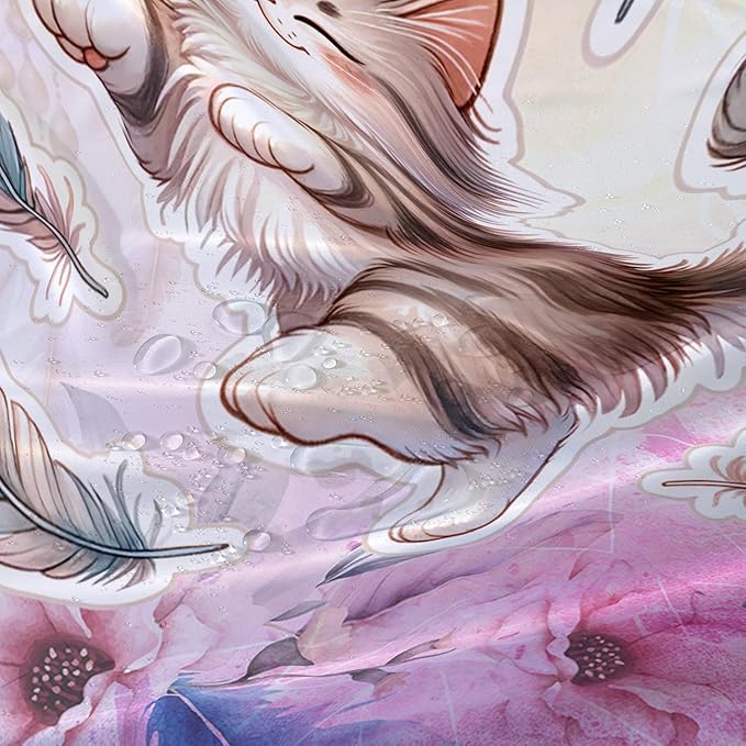 AILONEN Cartoon Cat Shower Curtain,Kawaii Dance Kitten and Feathers Bathroom Curtain Set for Kids Boys,Cute Animal Kittens Waterproof Shower Curtain for Bathroom, 36" W*72" H Pink