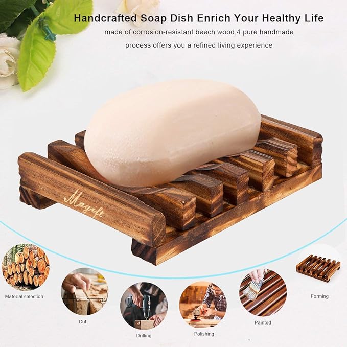 Soap Dishes, Wooden Soap Holder for Bathroom/Shower, Bar Soap Case with Slanted Waterfall Design, Self Draining Soap Saver for Shower, Kitchen, Sinks, Sponge, Scrubber (Wood 1 Pack)