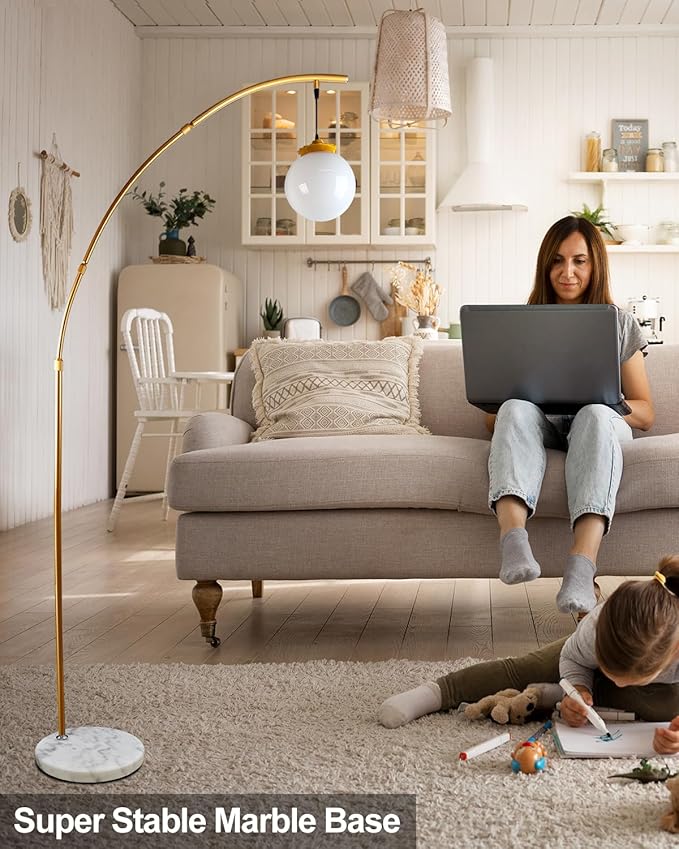 Lightdot Gold Modern Floor Lamp for Living Room, 76Inch Arc Tall Standing Lamp with Marble Base and Globe Bulbs Included, 3000K Warmwhite Modern Mid Century Floor Lamp for Bedroom & Home Office