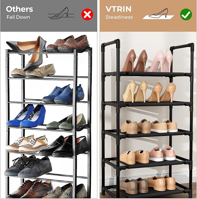 VTRIN 10 Tiers Tall Shoe Rack Holds 20-25 Pairs of Shoes Sturdy Vertical Shoe Organizer with 18pcs Hooks Stackable Narrow Shoe Rack for Closet, Entryway Black