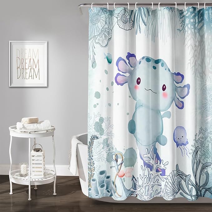 AILONEN Cute Axolotl Shower Curtain for Bathroom Teal Blue Ocean Beach Coastal Bath Curtain Decor 72" W*96" H Polyester Fabric Waterproof Bathroom Curtain with 12 Hooks