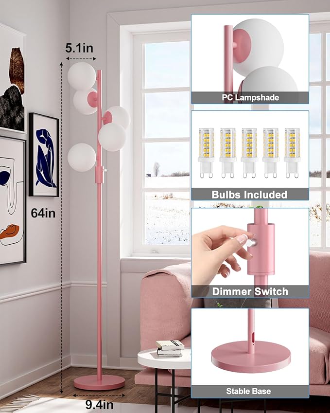 64IN Dimmable Pink Floor Lamp, Tall Standing Lamps with 5 Globe Soft Warm White Eye Care 3000K G9 Bulbs, Mid Century Modern Floor Lamp for Living Room Bedroom Office