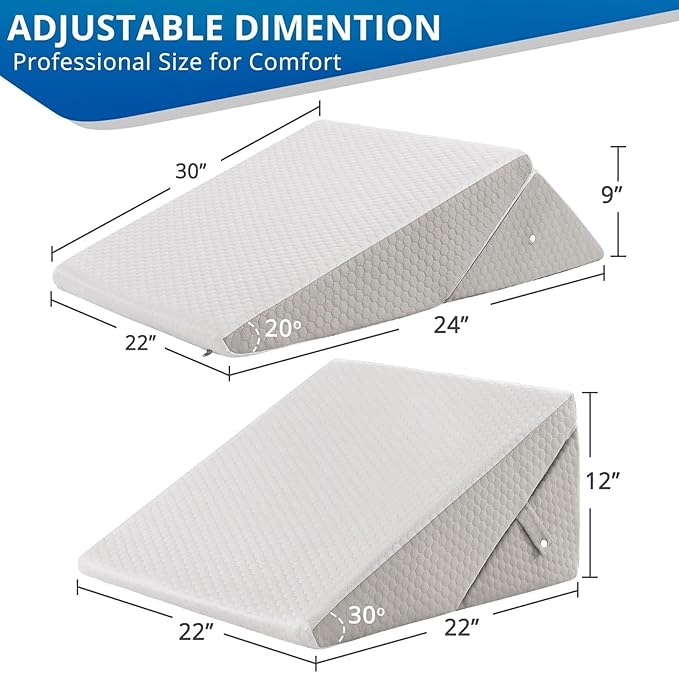 SASTTIE Wedge Pillow for Sleep Apnea, 12 Inch Bed Wedge Pillow for Back Pain Relief, Adjustable Memory Foam Pillow Wedges for Sleeping Acid Reflux, Shoulder Pain Relief and Snoring, Light Grey & White