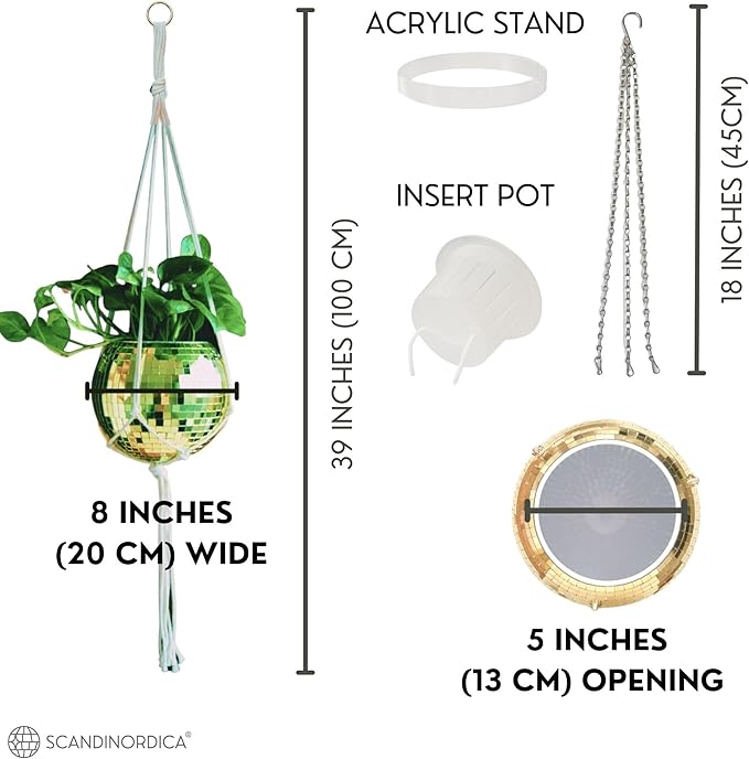SCANDINORDICA Disco Ball Planter – Disco Ball Plant Hanger, Mirror Disco Planter with Chain, Macrame Hanger, Acrylic Stand and Insert Pot, Hanging Planter | Disco Ball Decor – 20 cm (8“) Gold
