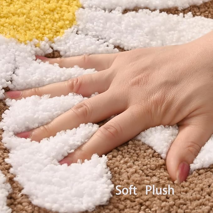 QJHOMO Brown Bathroom Rugs Cute Daisy Bath Mat White and Yellow Flower Decor Rug Non Slip Floor Carpet Microfiber Bathmat Super Absorbent Machine Washable Bathtub Mats for Shower (16x24 inch)